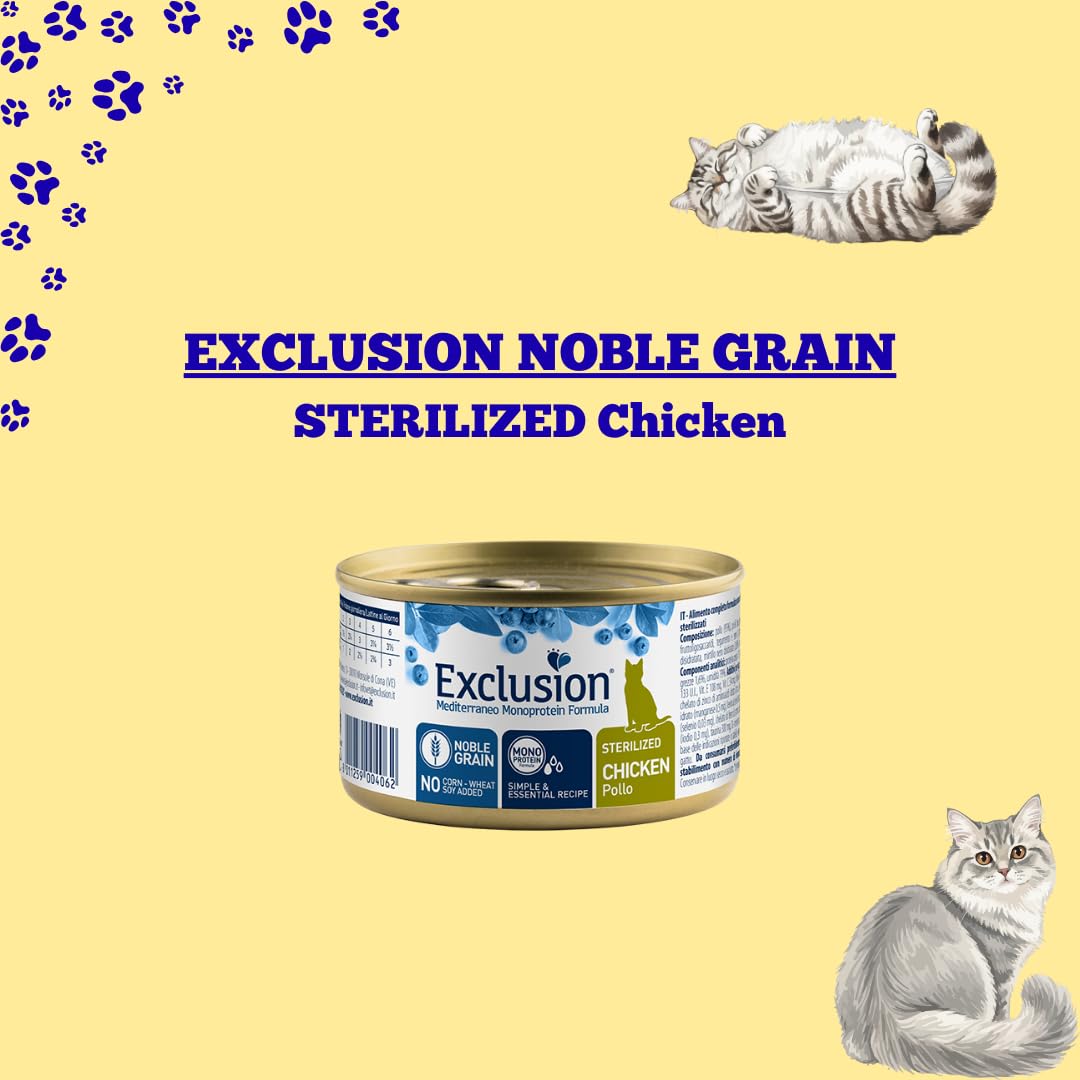 EXCLUSION Mediterraneo NobleGrain Cat Sterilized Chicken All Breeds | alimento umido completo gusto pollo per gatti sterilizzati di tutte le taglie e razze, monoproteico, 12 lattine da 85 grammi.