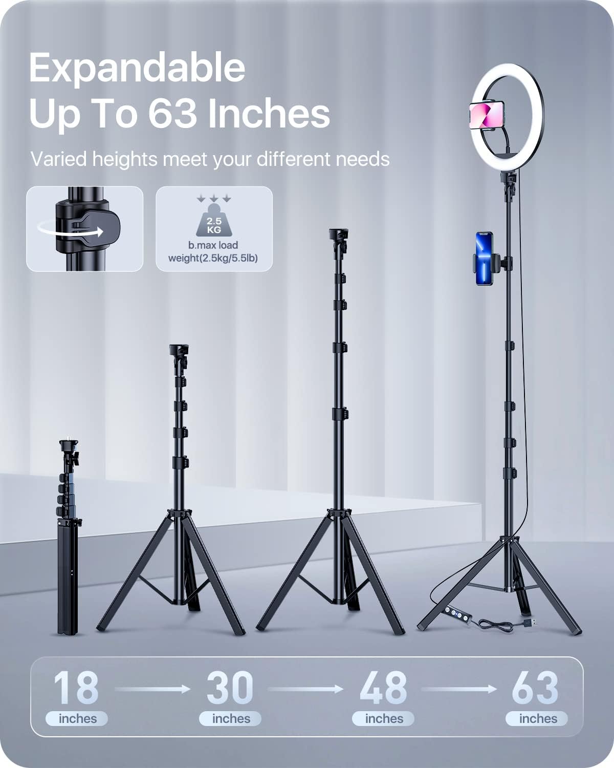 andobil 10" Ring Light with 63" Tripod Stand, LED Selfie Ring Light with Bluetooth Remote, Extendable Cell Phone Holder for YouTube TikTok Video Makeup Live Stream, Compatible with All Phones