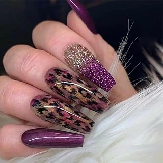 Purple Glitter Gradient Press on Nails Long Coffin with Sparkly Bling Purple Leopard Print French Design Acrylic Artificial Fake Nails for Women Girls Manicure Decorations 24Pcs