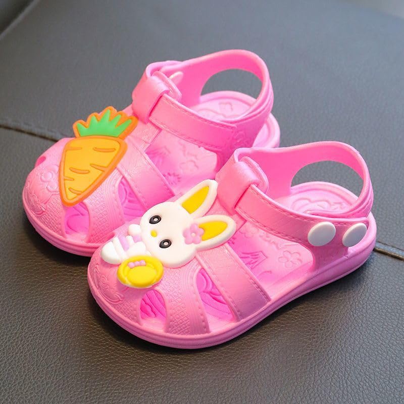 Toddler Bunny Sandals, Pink Summer Clogs with Carrot Charm, Water-Resistant, Adjustable Strap, 0-12 Months2