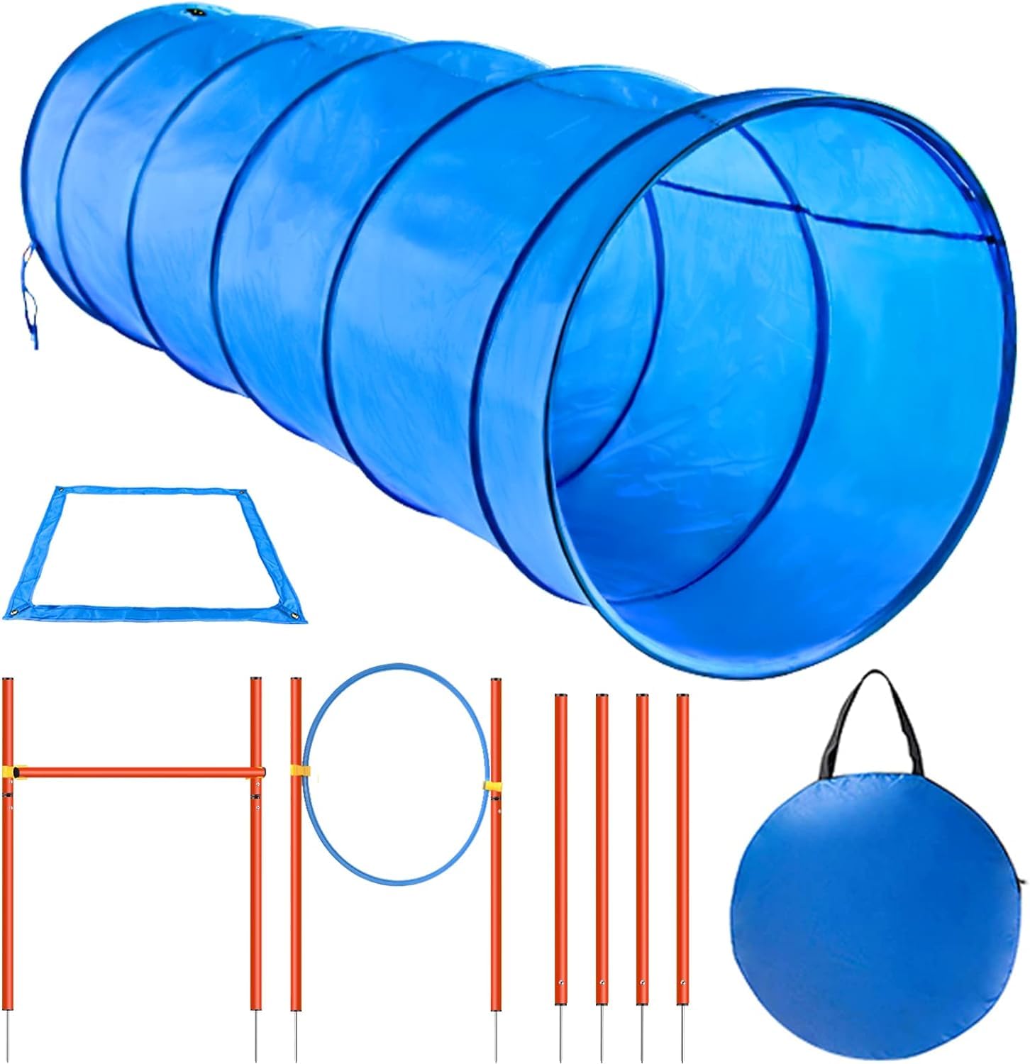 X XBEN Set de Entrenamiento Agilidad Perros - Pet Dogs Outdoor Games Kit de Entrenamiento, 60 * 180cm Túnel para Perros, Eslalom para, Aro para, Vallas, Jump Hoop Dog Agility Starter Equipment