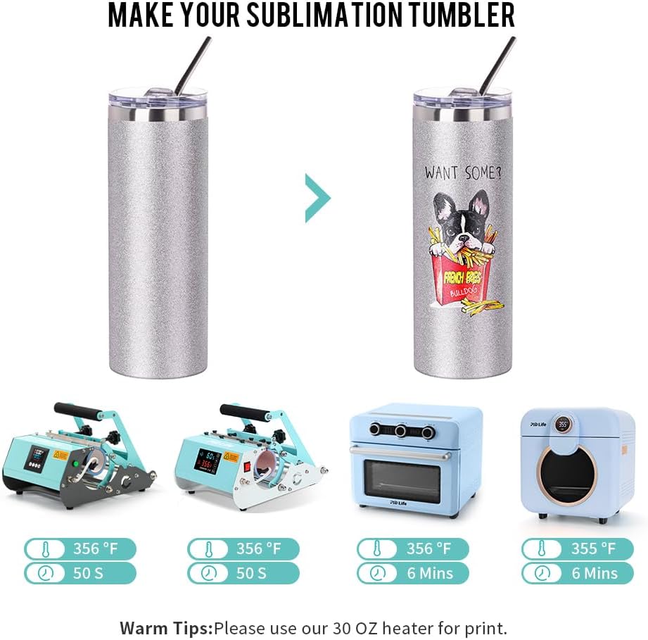 PYD Life Sublimation Blank Glitter Skinny Tumbler Silver 20 OZ Straight Stainless Steel Coffee Cups with Lid and Metal Straw for Tumbler Heat Press Sublimation Oven Printing 4 Pack - Image 5