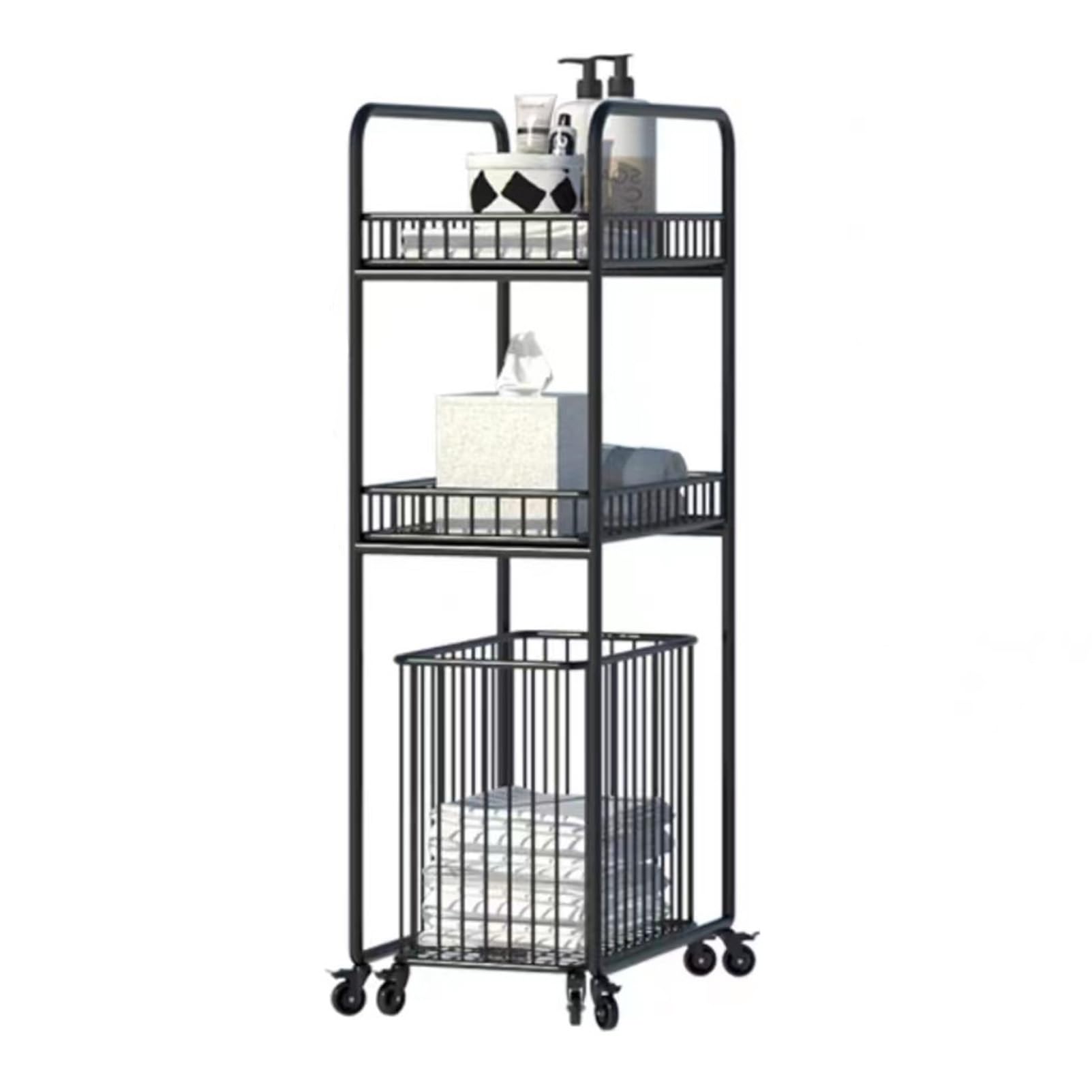 TUOYIBO Bathroom Storage Basket, Bathroom Floor Shelf, Household Dirty Laundry Basket, Metal Storage Basket with Pulley