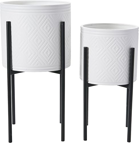 Main + Mesa Maceteros de metal en relieve bohemios modernos con soportes, blanco y negro, juego de 2 tamaños