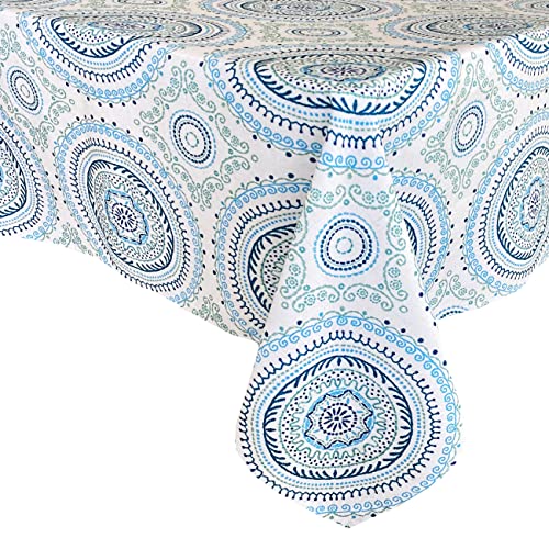 Newbridge Blue Circle Stitch Contemporary Boho Chic Print Indoor/Outdoor Soil Resistant Fabric Tablecloth, 60” X 120” Oblong/Rectangle, Blue #TOP5