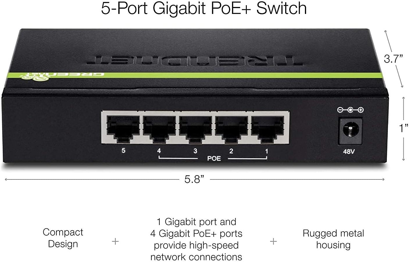 TRENDnet TPE-TG50G 5-Port PoE+ Gigabit Ethernet Switch with GREENnet Technology (TPETG50G)