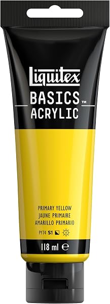 Liquitex 8870039 Basics - Peinture acrylique, peinture artistique monopigmentée, résistante à la lumière, qualité archive, finition satinée, tube de 118 ml - Jaune Primaire - 1