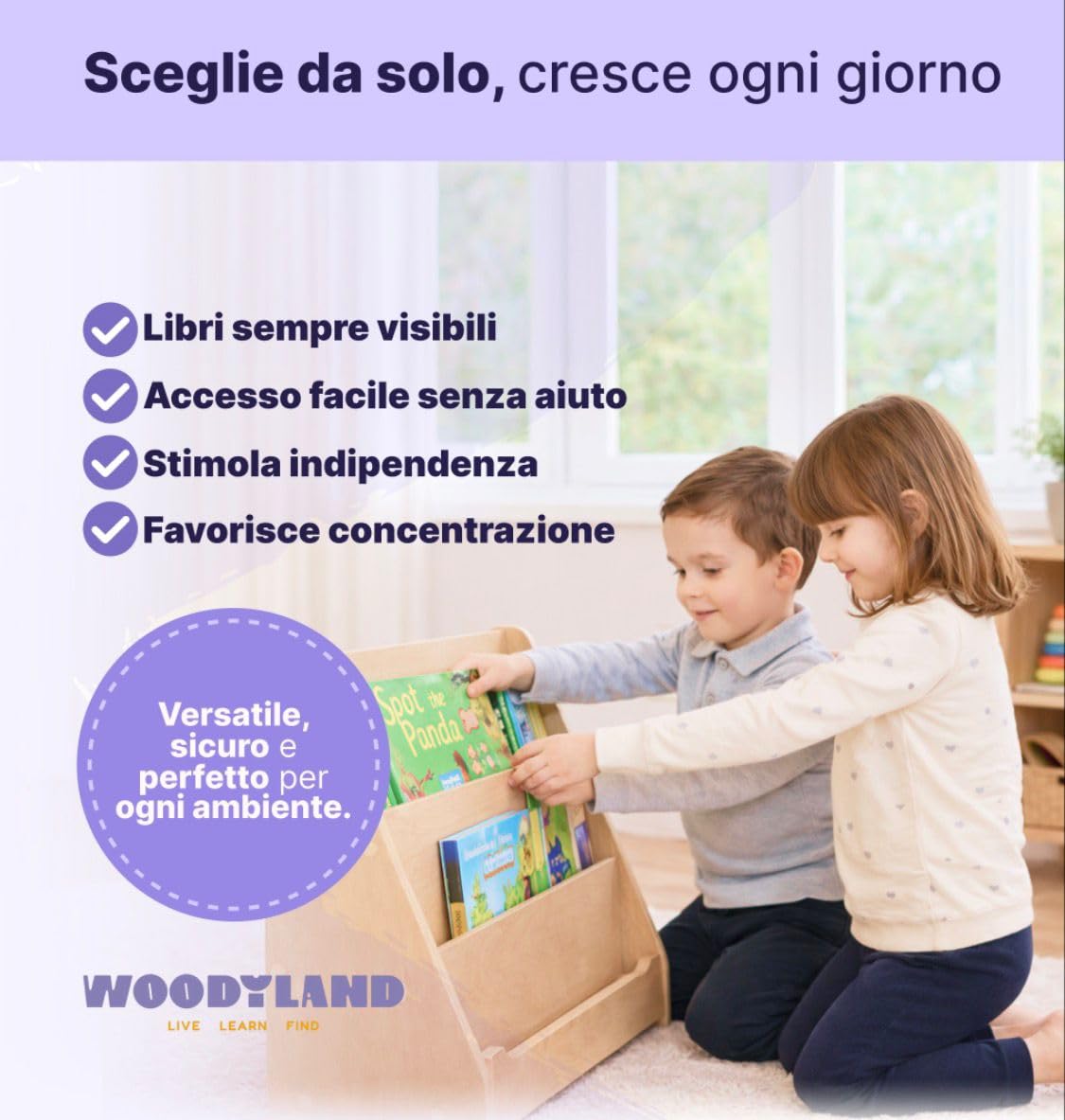 Woodyland Libreria montessoriana per bambini Imagine, Libreria bambini, 0-6 anni, Ideale per Cameretta, Asilo Nido, Aula Scuola dell'Infanzia