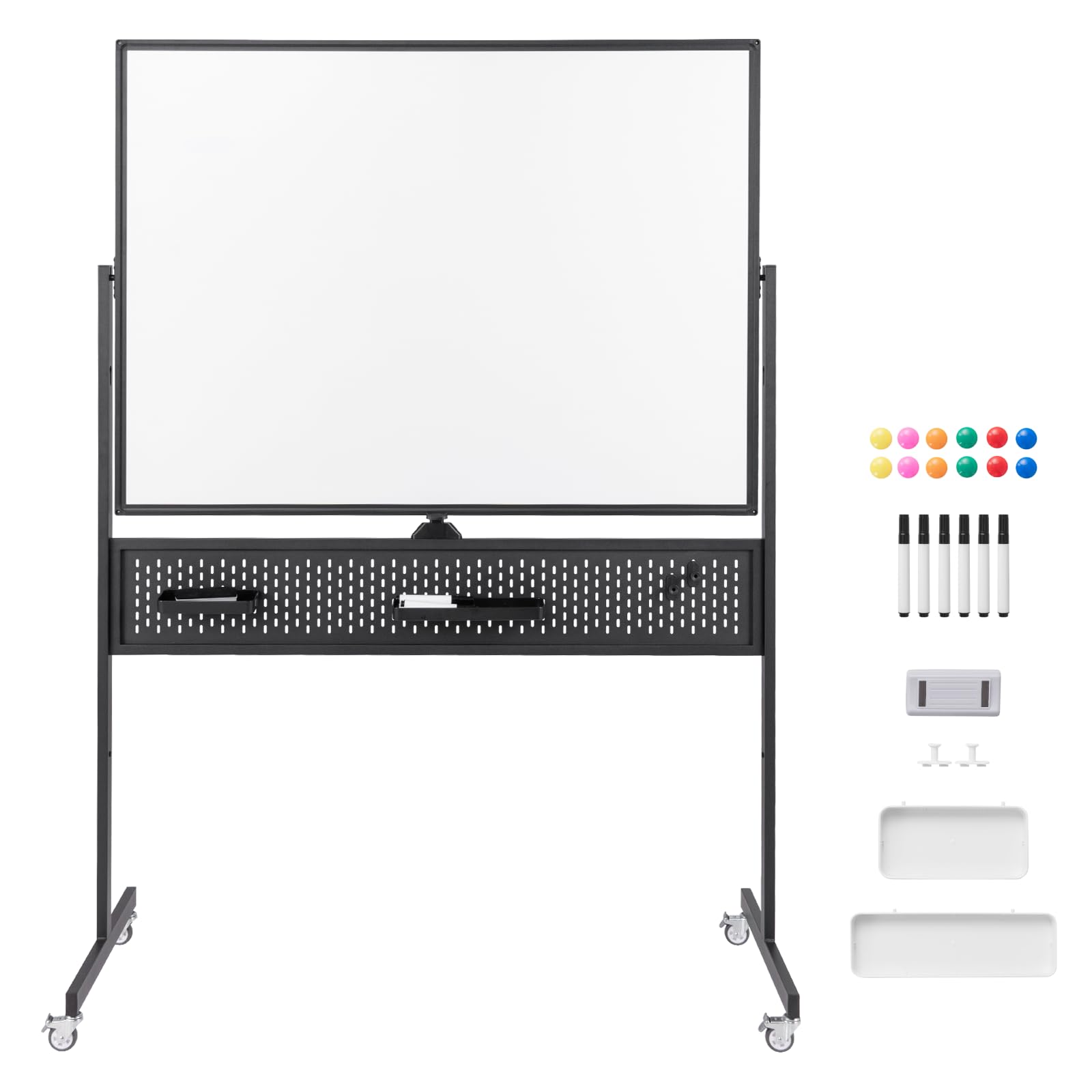 CASART Lavagna bianca mobile bifacciale, 120 x 90 cm, grande lavagna cancellabile a secco, con supporto, gomma, magneti e lavagna forata, regolabile in altezza, per ufficio e aula (nero)