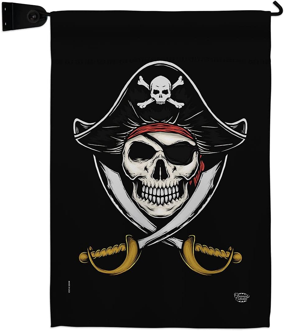 Pirates Garden Flag Set Wall Hanger Coastal Pirate Ship Skull Treasure Map Carribean Jolly Blackbeard Jack Small Decorative Gift Yard House Banner Made In USA 13 X 18.5
