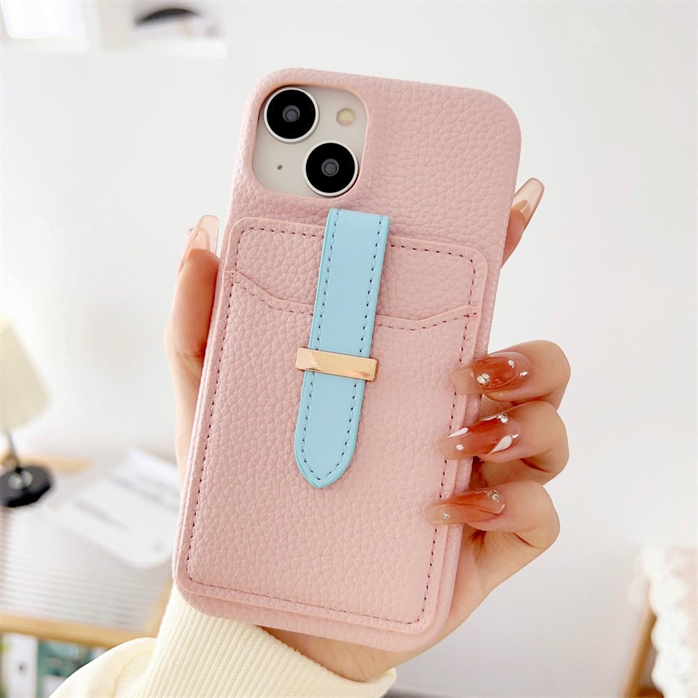 Étui portefeuille iPhone 14 chic en cuir PU grainé rose contrasté - 7