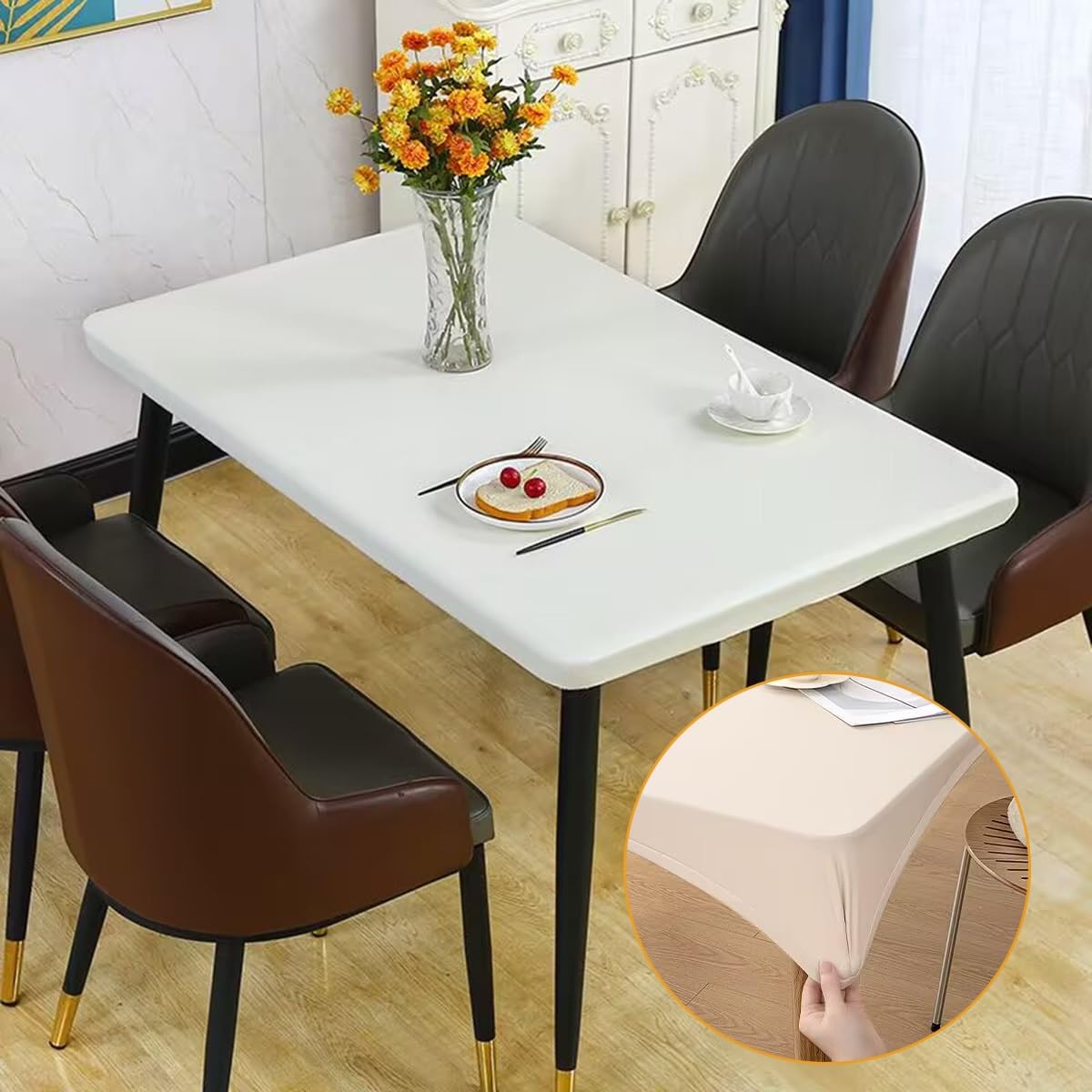 Nappe ajustée anti-tache en cuir synthétique pour table basse