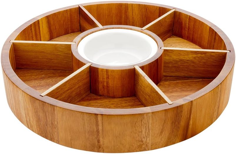 Restaurantware Chips and Dip Bowl Salsa Serving Platter Wooden Chip Dip Bowl - 12" - Acacia Wood & Porcelain Dip Bowl - Snacks Chips Hummus - 1ct Box