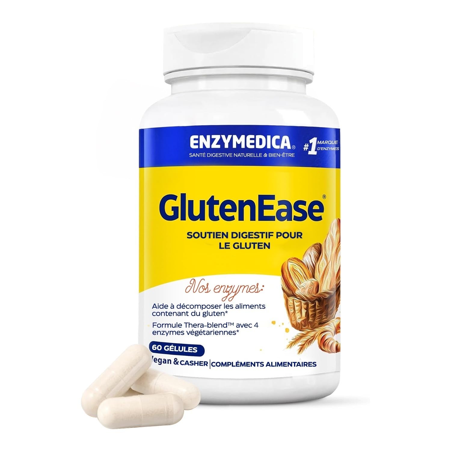 Enzymedica Glutenease, Formule Enzymatique Contre Le Gluten Et La Caséine, 60 Capsules, Sans Gluten, Végétarien
