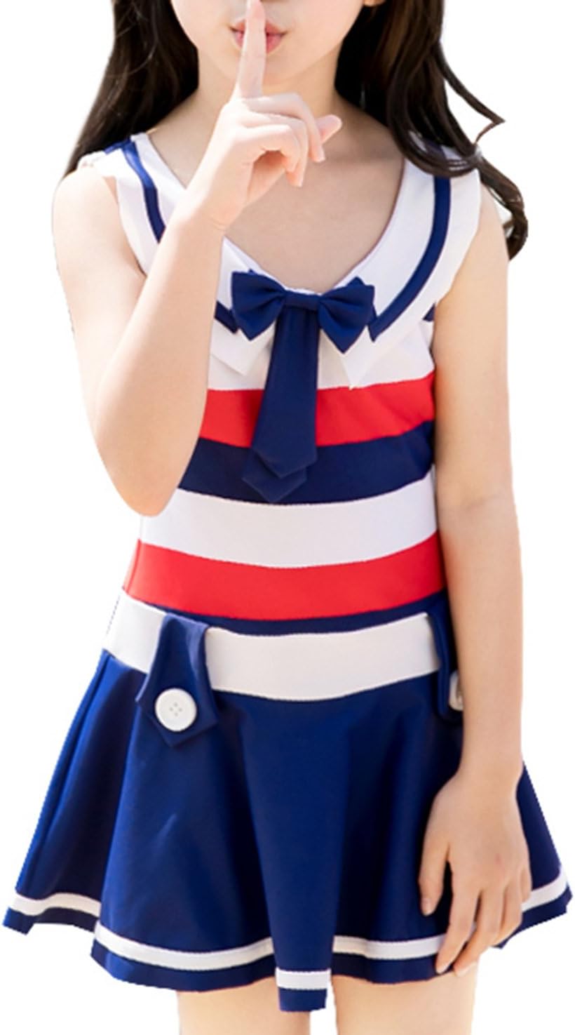 Trendy XU Girls Navy Style Collar One Piece Swimsuit Vintage Striped Swim Skirt