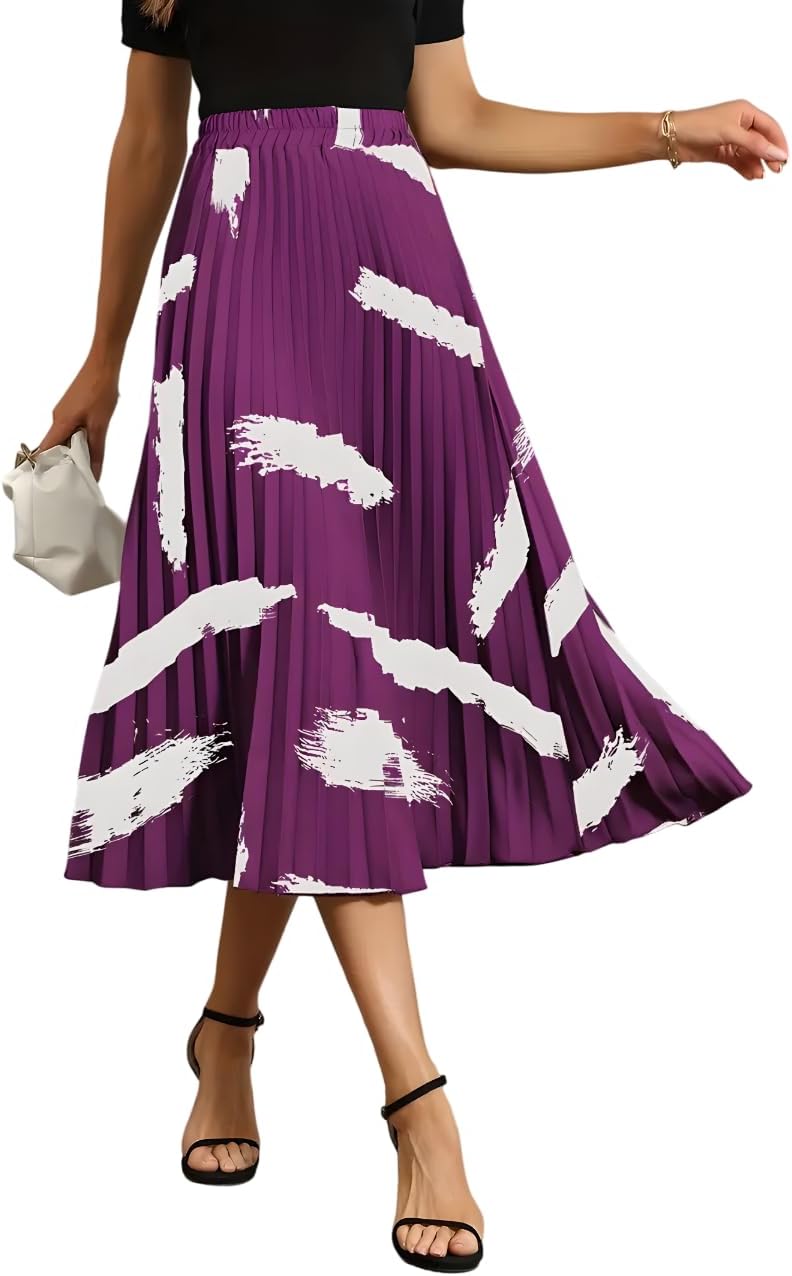 OTABU | Vintage Elastic Waist Midi Skirts Brush Print Pleats for Timeless Women's Style