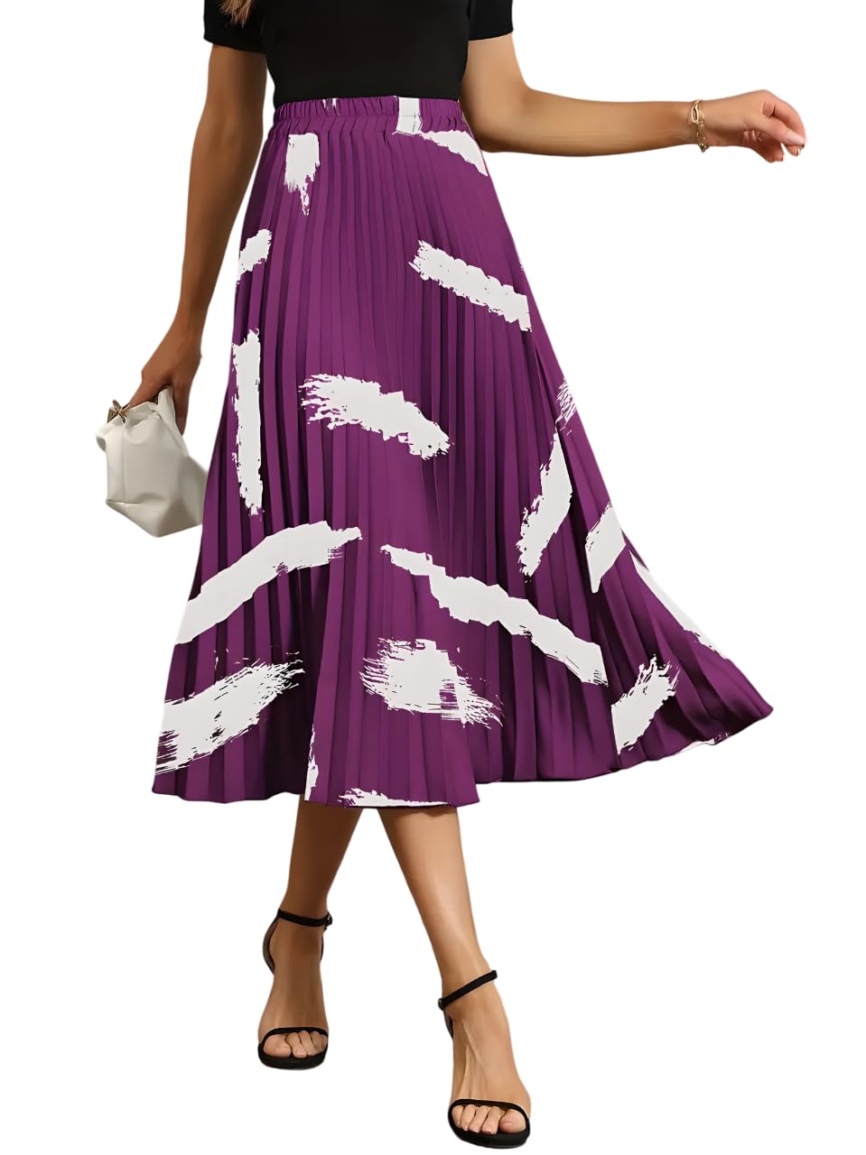 OTABU | Vintage Elastic Waist Midi Skirts Brush Print Pleats for Timeless Women's Style