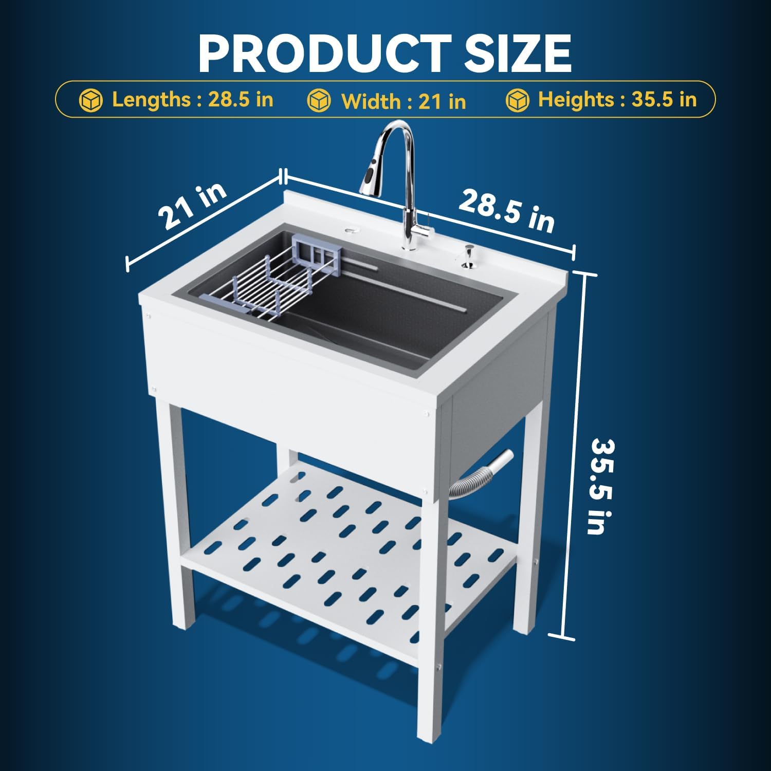 29" Freestanding Utility Sink，Heavy Duty Stainless Steel Laundry Room Sink，Commercial Kitchen Sinks with Hot & Cold Water for Garage,Kitchens Outdoor (29 * 21 * 36 White)