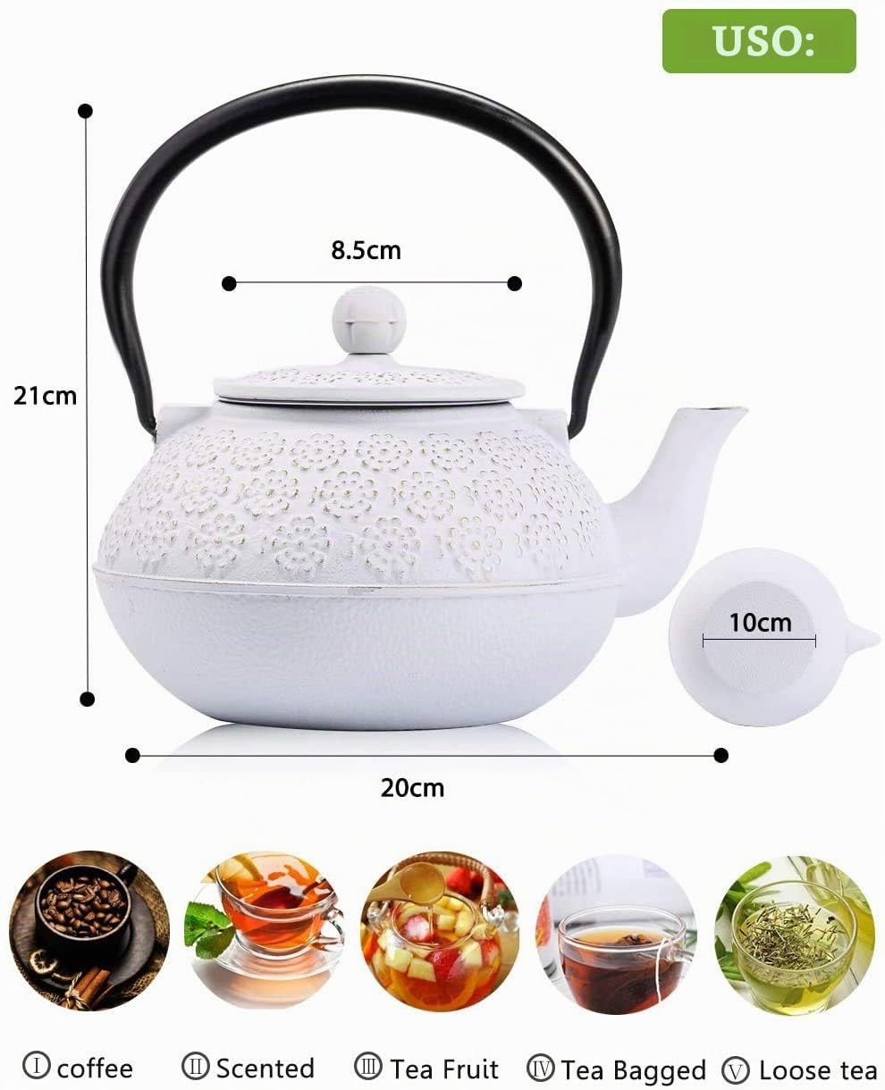 Tetera de hierro fundido con infusor, tetera japonesa, 800 ml, para 4 tazas, blanco