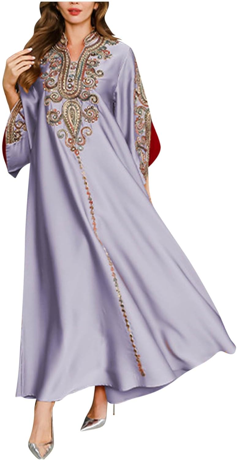 Muslim Abaya Dresses for Women V Neck Kaftan Islamic Prayer Robe Embroidered Bronzing Dress Holiday Evening Dress