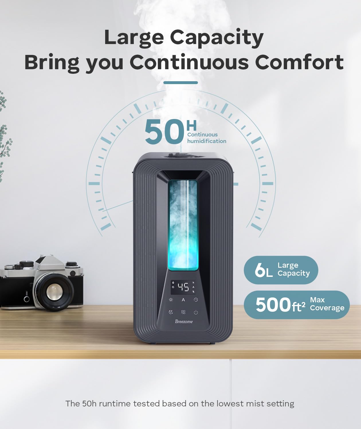 BREEZOME Humidificador de dormitorio de 6 litros con difusor de aroma, humidificador, luz nocturna, duración de 50 horas