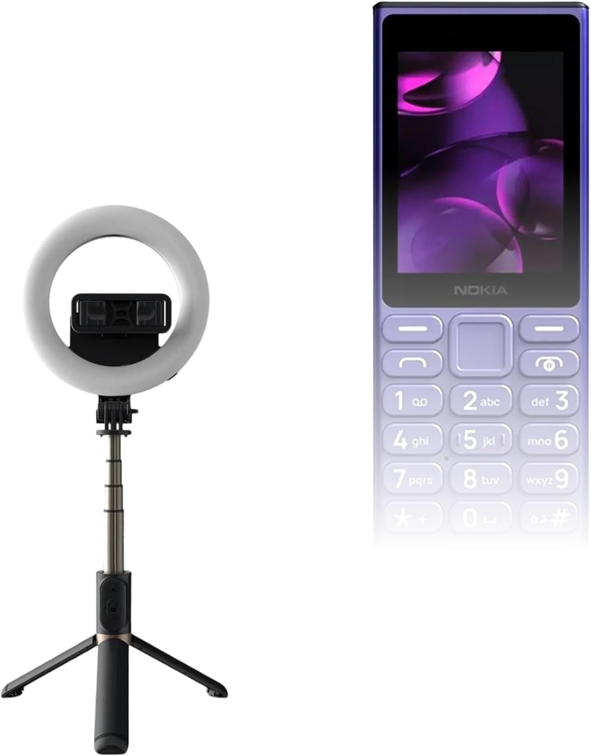 BoxWave Stand and Mount Compatible with Nokia 110 4G 2nd Edition (2024) - RingLight SelfiePod, Selfie Stick Extendable Arm with Ring Light - Jet Black