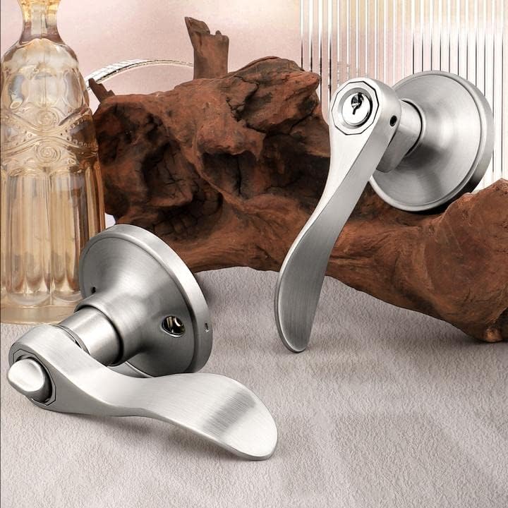 Miniatura 2 de Probrico Keyed Alike - Manija de puerta de níquel cepillado, manijas de puerta de entrada estilo ondulado, manijas de puerta para puertas interiores