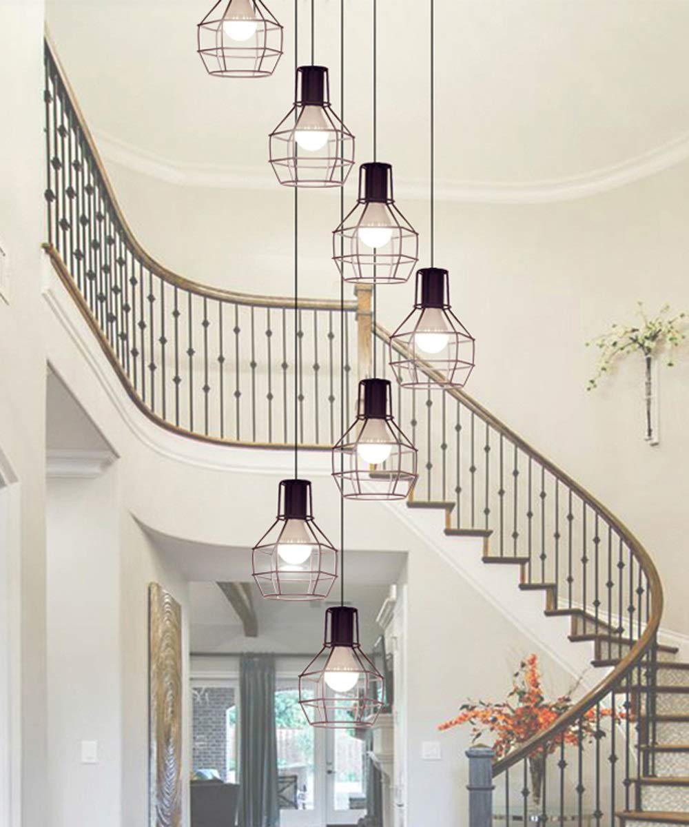 PCXEHUYP Retro Industrial 7-Light Chandelier - Modern Wrought Iron Pendant Light for Staircase, Living Room & Apartment Elegant Ceiling Lamp, Gold Finish, 40x200cm
