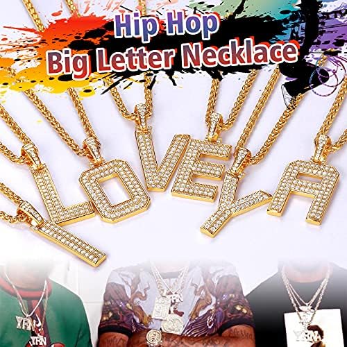 FindChic Bling CZ Big Capital Letter A Necklace For Men&Women Hip Hop 18K Gold Plated Custom Name Diamond Initial Pendant Personalized Jewelry for Rapper Boys 22inch Wheat Chain - 5