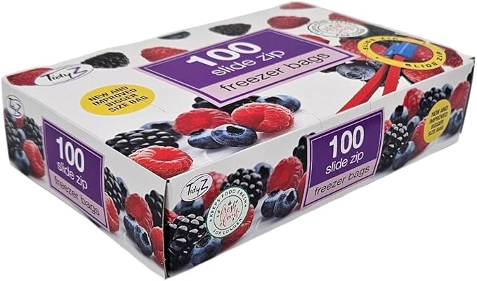 100 TidyZ Large Slide Zip Freezer Bags. Resealable. Zip Lock Food Bags. BPA Free. For Freezing Fruit, Vegetables, Meat. Keeps food Fresh. In a Dispenser Box