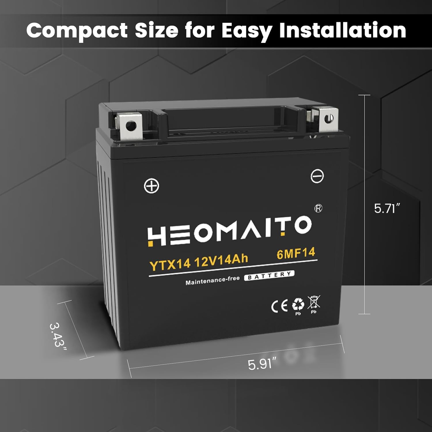 Lead-Acid Battery YTX14-BS, 12V 14Ah, 10HR, 300 CCA, 6MF14-B Maintenance-Free Power, for AGM Motorcycle Battery, Motorcycles 400–1200 CC, ATVs 350–1000 CC