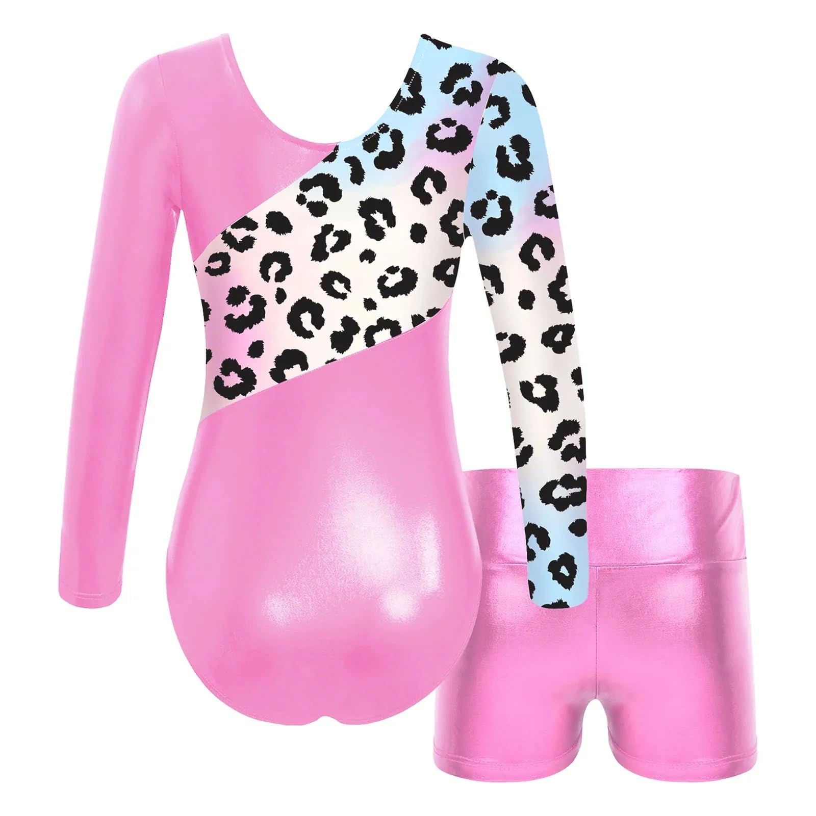 Maillot Gimnasia Ritmica Body de Leotardos de gimnasia for niñas, conjunto de baile de Ballet de manga larga bronceado, mono de entrenamiento de patinaje artístico con pantalones cortos(Blue,6)