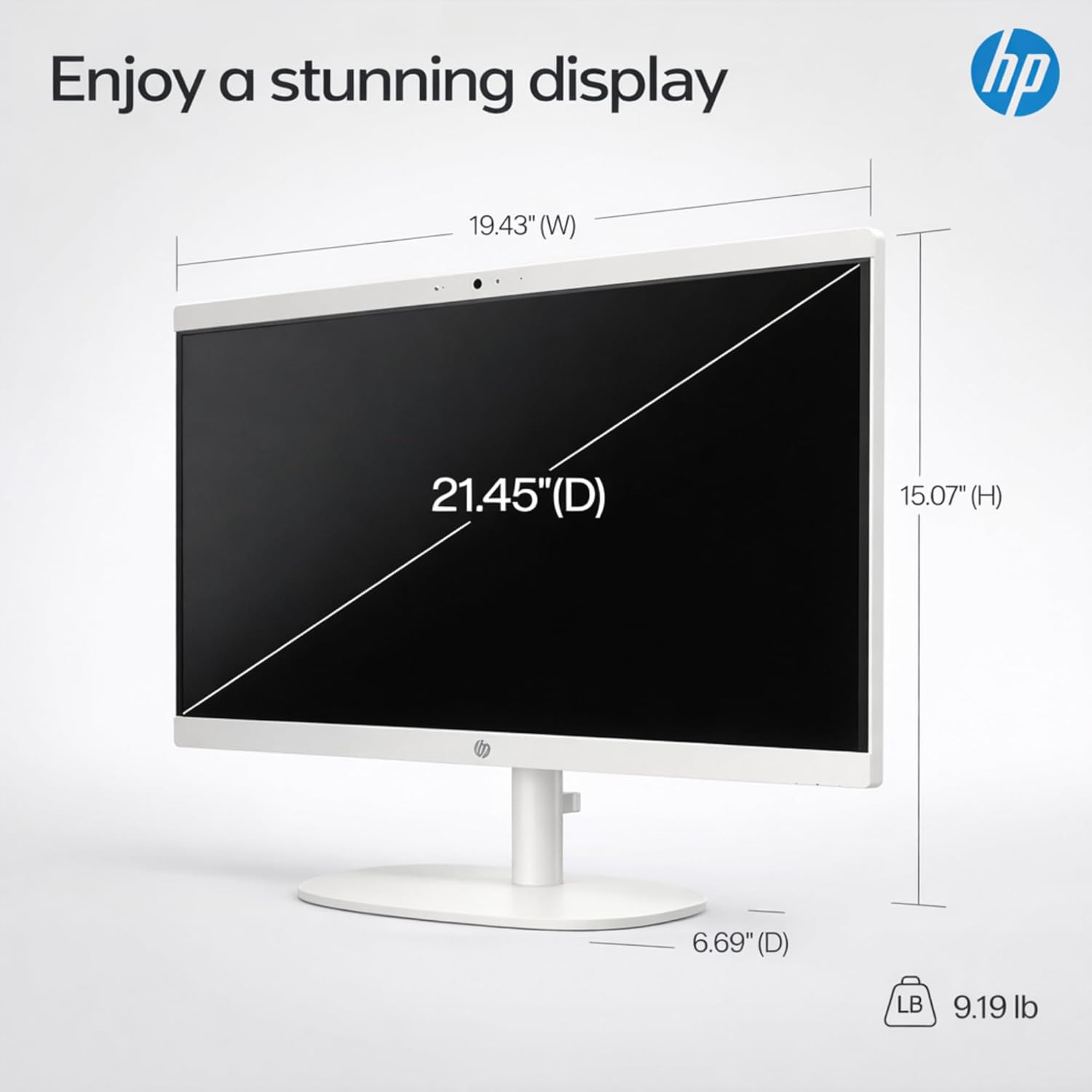Dimensions of the HP 21.45 inch All-in-One PC display.