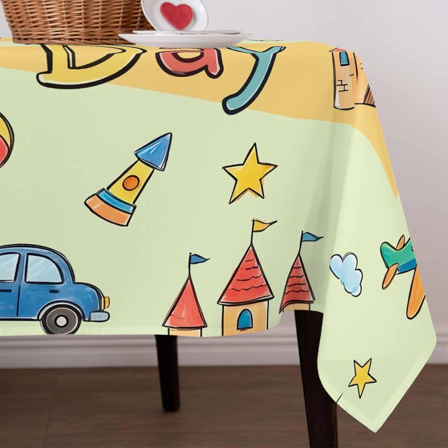 Children's Day Waterproof Table Cloth Cartoon Sun Airplane Castle Kite Boat Truck Balloon Green Waterproof & Wrinkle Table Cover, Washable Polyester Soft Fabric Table Cloth for Outdoor Indoor Parties
