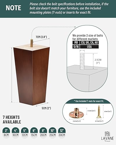 Miniatura 5 de La Vane Patas de madera para muebles de 12 pulgadas, juego de 4 patas cuadradas de madera maciza de nogal de mediados de siglo con pernos