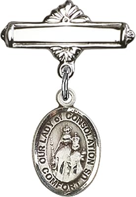 Sterling Silver Baby Badge with Our Lady of Consolation Charm and Polished Badge Pin 1 X 5/8 inches