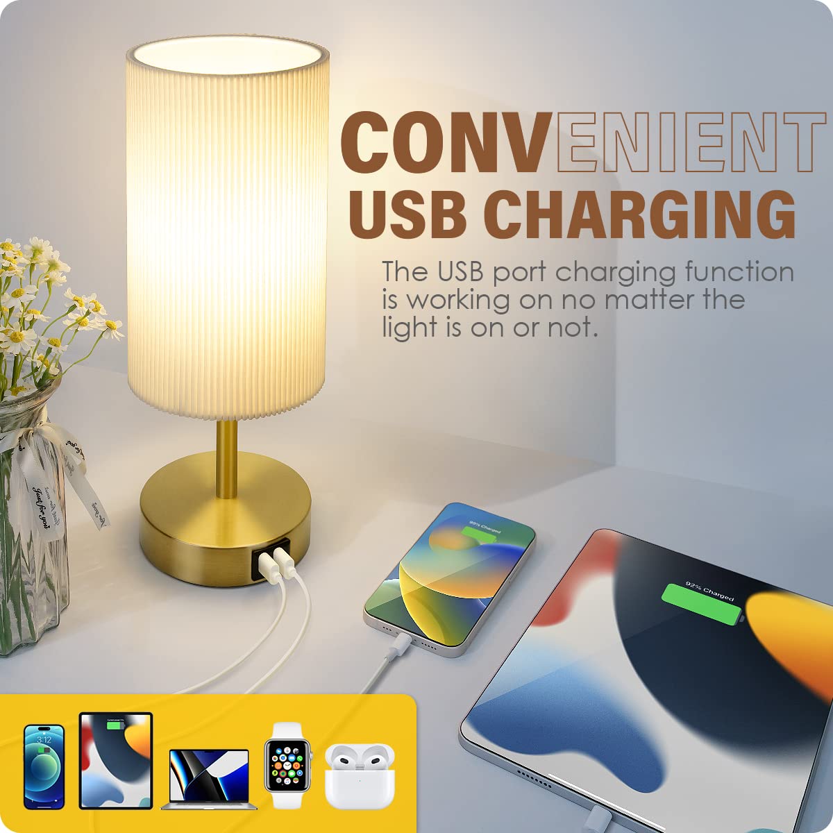 Lámpara de noche con puerto USB, lámpara de mesa de control táctil para dormitorio, madera, lámpara de noche regulable de 3 vías con pantalla redonda de tela de lino para sala de estar, dormitorio
