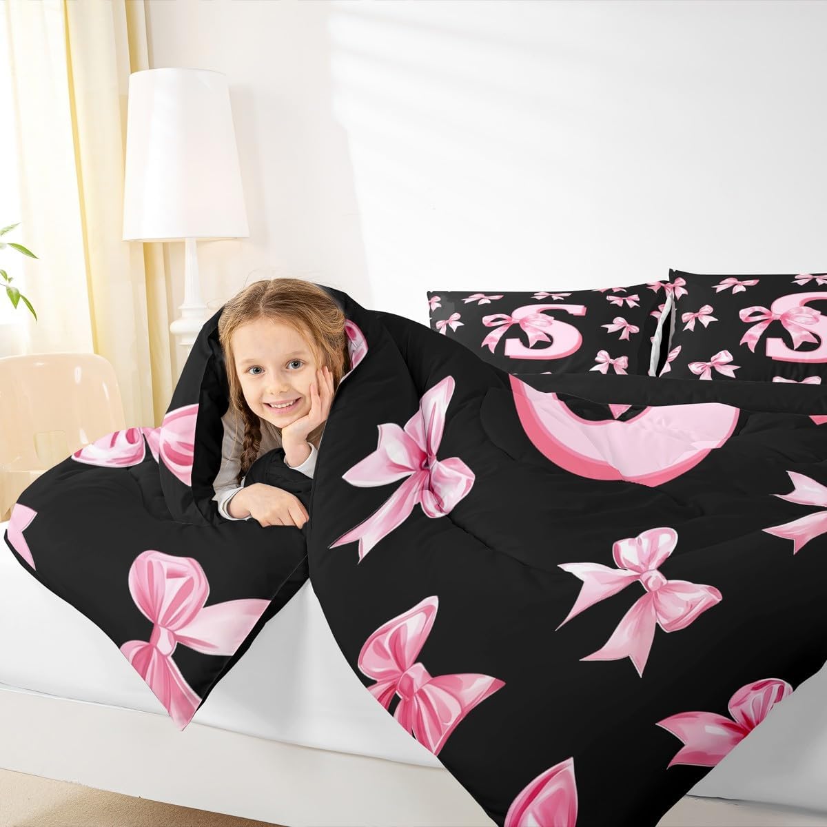 Erosebridal Cute Pink Bow Kids Bedding Set Twin Size,Personalized Letter S Comforter Set for Girls,Initial S Coquette Bow Comforter Preppy Monogrammed Bowknot Quilt Duvet 2 Pcs