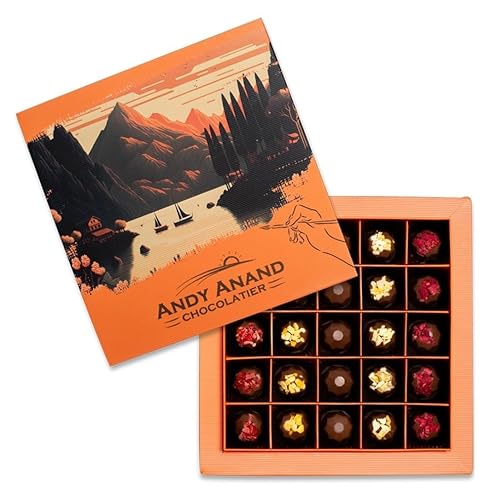 Andy Anand Chocolatier Trufas de chocolate belgas Caja de regalo de 25 trufas de chocolate parisinas con mango, pistacho, piña, frambuesa y fresa,