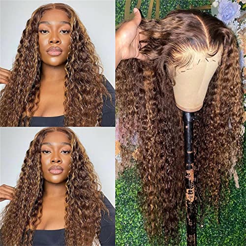 Stylqueen Highlight Lace Front Wigs 13x4 Human Hair Deep Curly Wave Brown to Blonde Human Hair Wigs Pre Plucked with Baby Hair for Women Ombre Colored Wigs 26 Inch