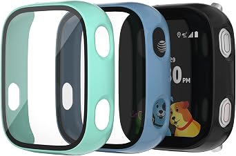 NewJourney Compatible with AT&T Amigo Jr Watch 2 Screen Protector, 3 Pack Bumper Case with Scratch-Resistant Tempered Glass Cover, Kids Smartwatch Accessories Teal+Blue+Black