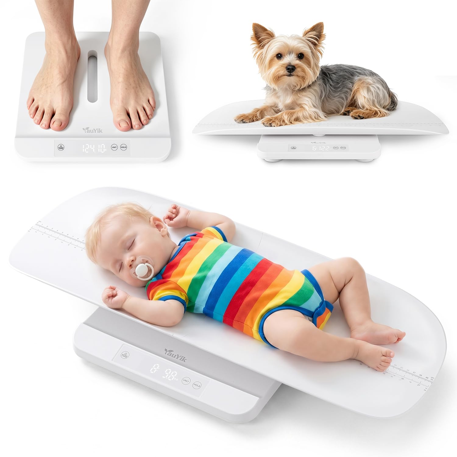 YAUYIK Báscula de bebé, capacidad de 330 libras, báscula de peso para bebés y mascotas, báscula precisa para pesar de bebés a adultos, pantalla LED con función de tara y sujeción, bandeja de medición