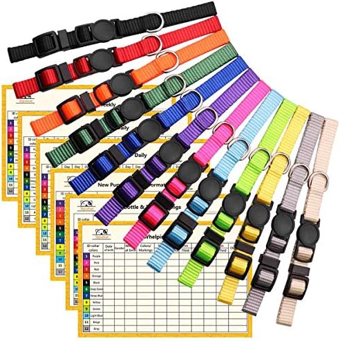 Puppy Collars for Litter Puppy ID Collars Whelping Supplies Soft Nylon Breakaway Coloured Collars with 6 Record Keeping Charts(S)