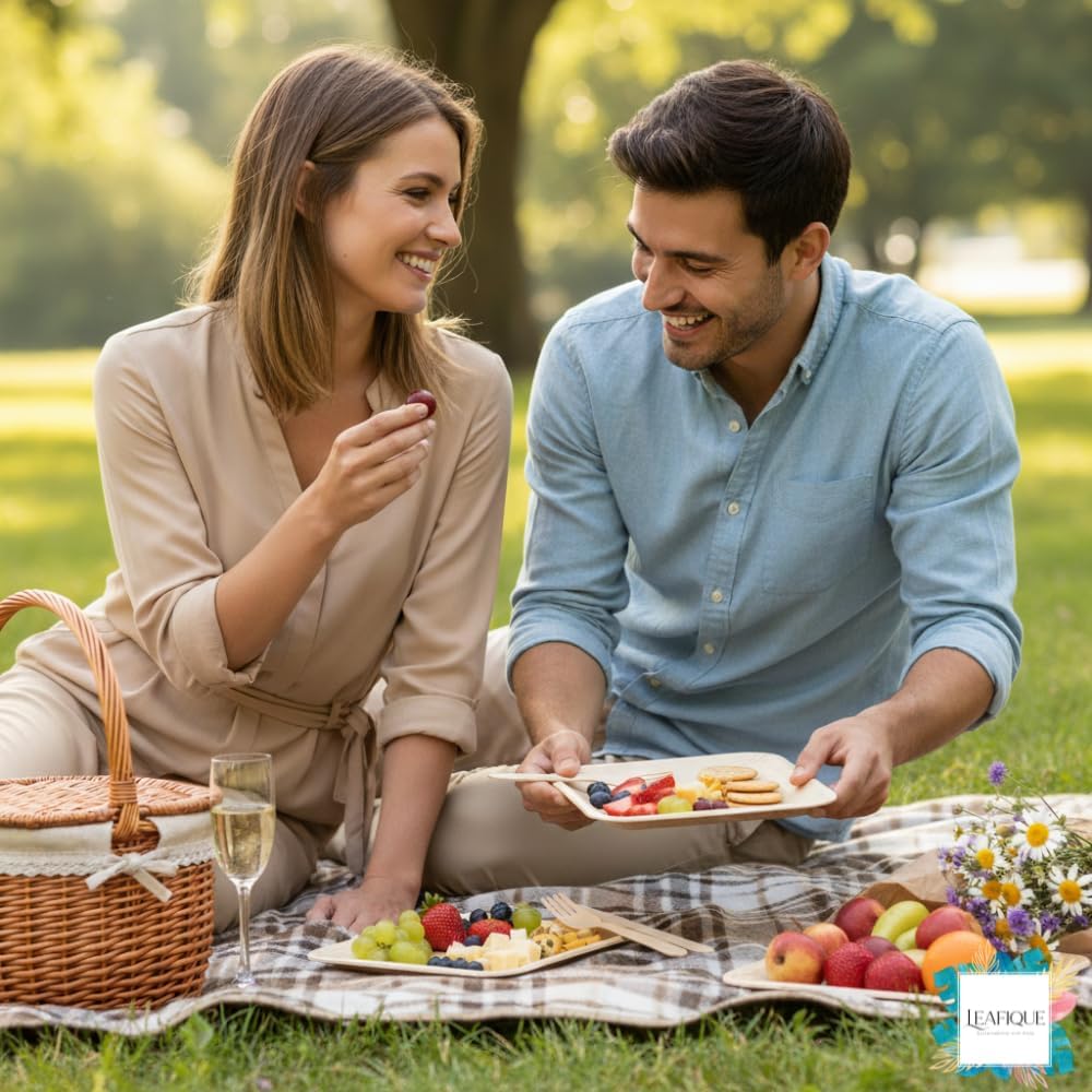 100% Natural 8 Inch Square Palm Leaf 50 Plates + 100 Cutlery (50 Forks & 50 Knives), Biodegradable Dinnerware for Catering, Birthdays, Halloween, BBQs, Alternative to Paper & Bamboo Plates Disposable - Image 3