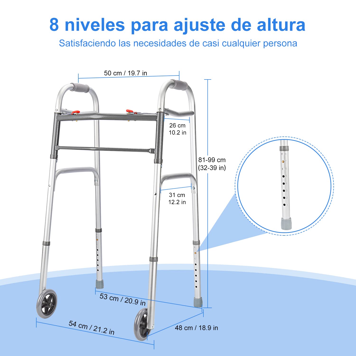 suplegear Andador Estándar Plegable, Dos Botones Caminante Plegable de Aleación de Aluminio Ajustable con Ruedas de 13 cm para Personas Mayores Discapacitados Lesionados, Soporte hasta 226.8 kg