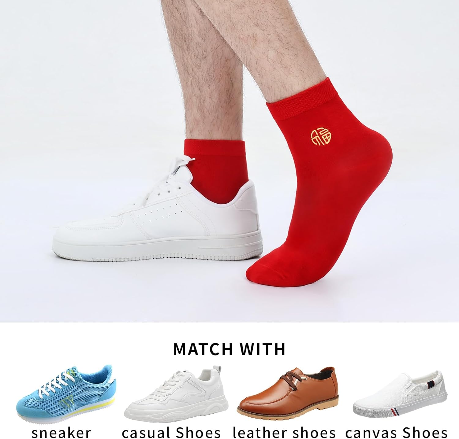 Men's Red Socks Crew Sports Casual Calf Socks, New Year Socks,Size 6-10 or 11-14,Red Embroidery (Fu) (6 Prs) - Image 9