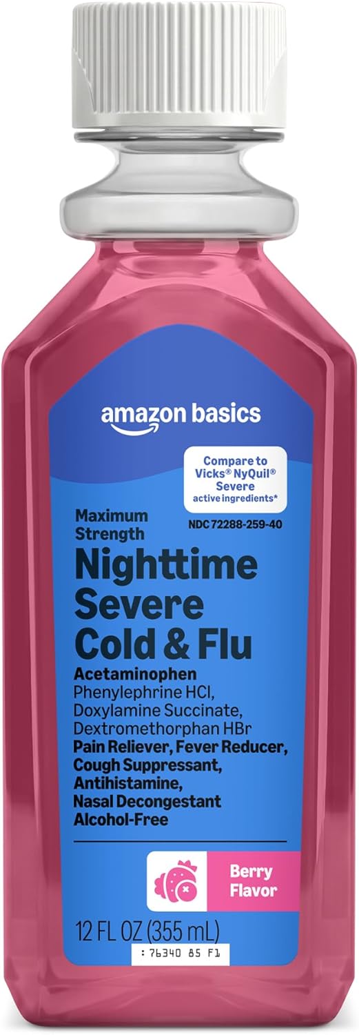 Amazon Basics Nighttime Severe Cold and Flu Syrup, Max Strength, Multi-Symptom Relief for Adults and Children 12 Years and Older, Berry Flavor, 12 fl oz (Previously Care)
