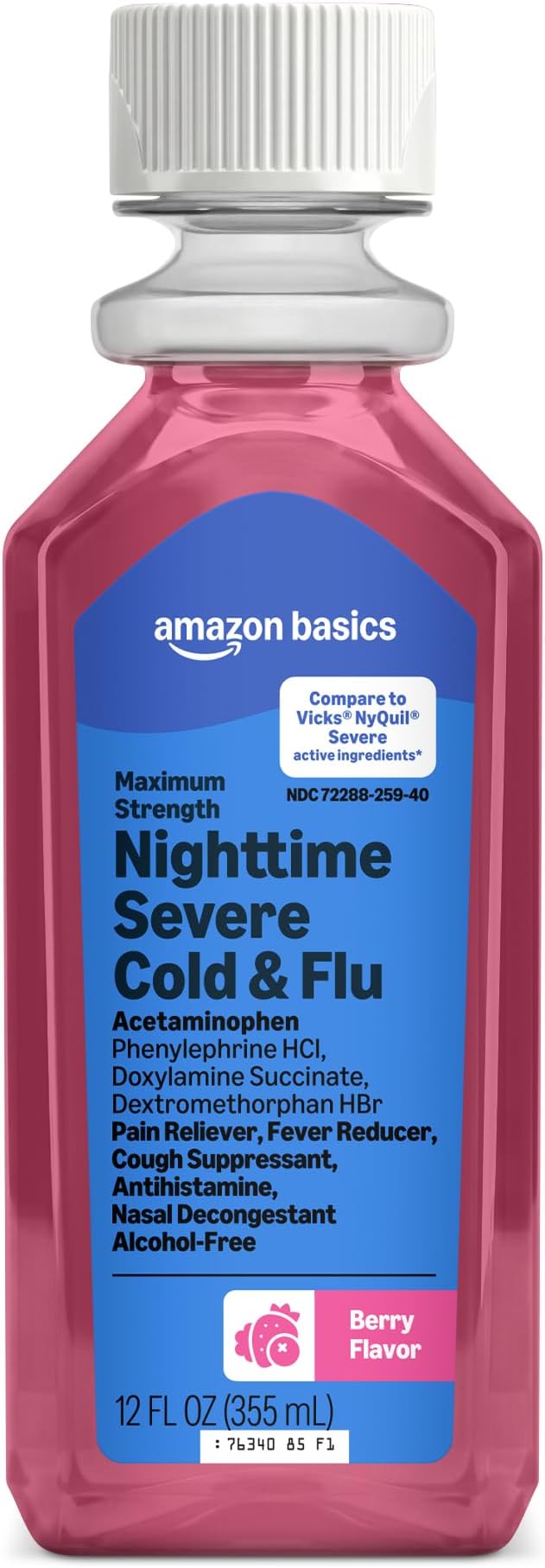 Amazon Basics Nighttime Severe Cold and Flu Syrup, Max Strength, Multi-Symptom Relief for Adults and Children 12 Years and Older, Berry Flavor, 12 fl oz (Previously Care)