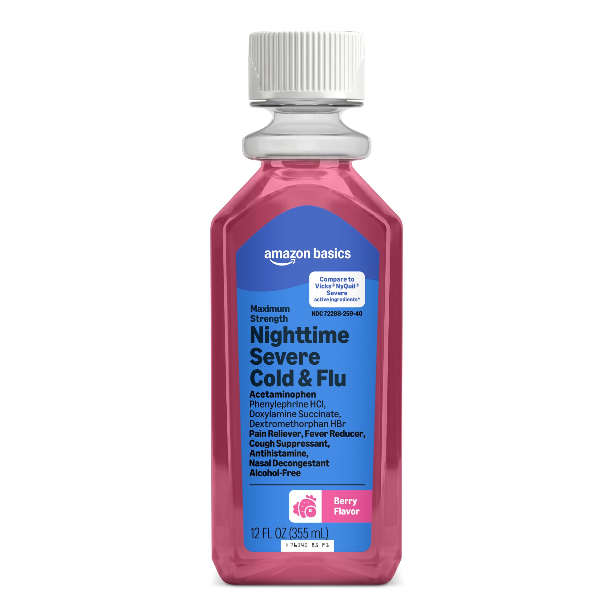 Amazon Basics Nighttime Severe Cold and Flu Syrup, Max Strength, Multi-Symptom Relief for Adults and Children 12 Years and Older, Berry Flavor, 12 fl oz (Previously Care)