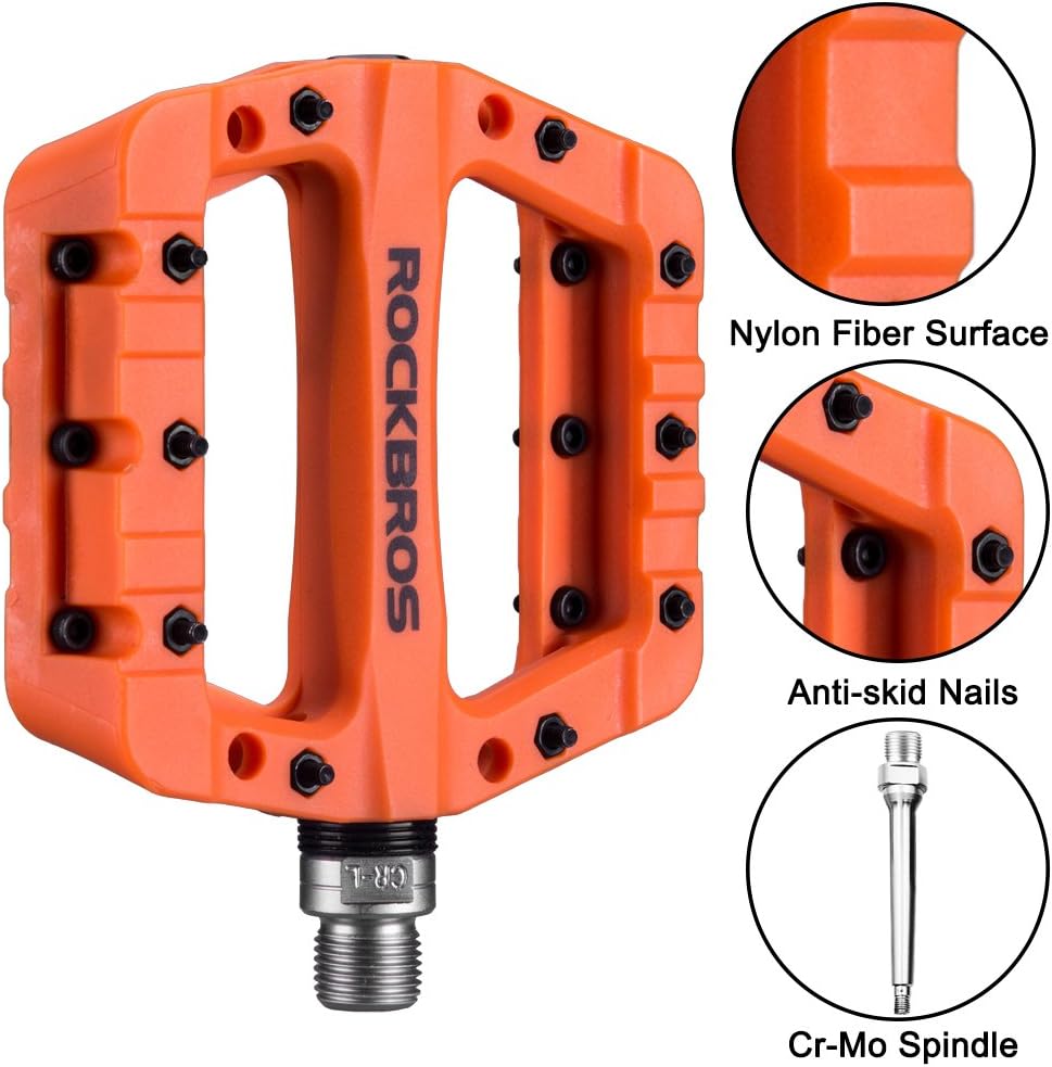RockBros Lightweight Mountain Bike Pedals Nylon Fiber Bicycle Platform Pedals for BMX MTB 9/16" Orange : Sports & Outdoors